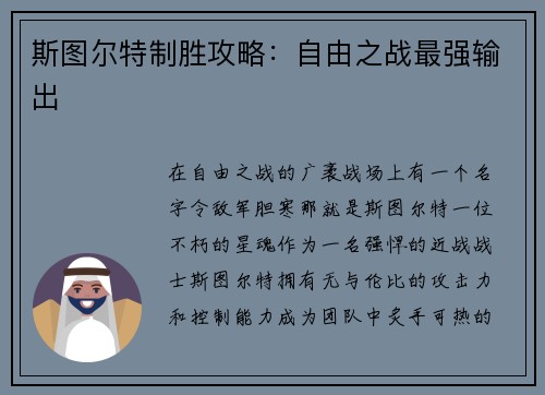 斯图尔特制胜攻略：自由之战最强输出