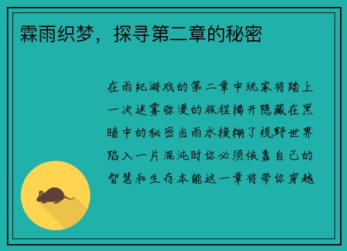 霖雨织梦，探寻第二章的秘密